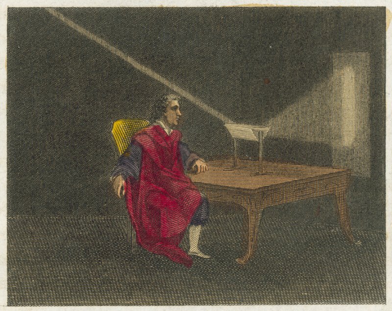 Newton descubre la naturaleza de la luz (grabado en color) de English School