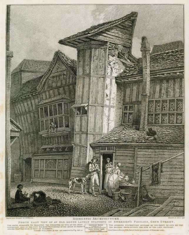 Vista noreste de una casa antigua que se encontraba en Sweedons Passage, Grub Street de English School