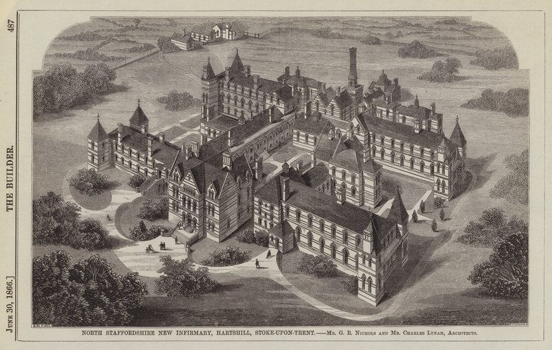 Nueva Enfermería de North Staffordshire, Hartshill, Stoke-upon-Trent (grabado) de English School