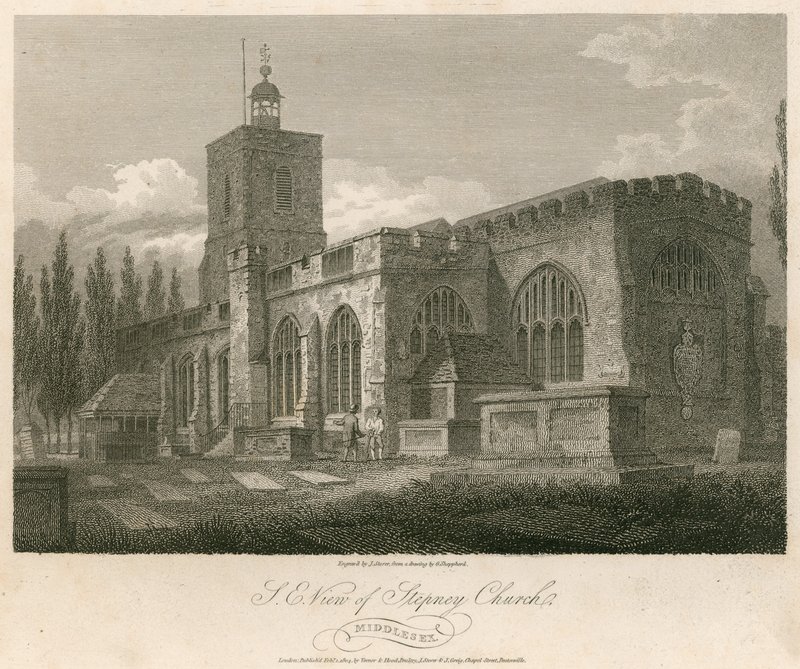 Vista noreste de la Iglesia de Stepney, Londres de English School