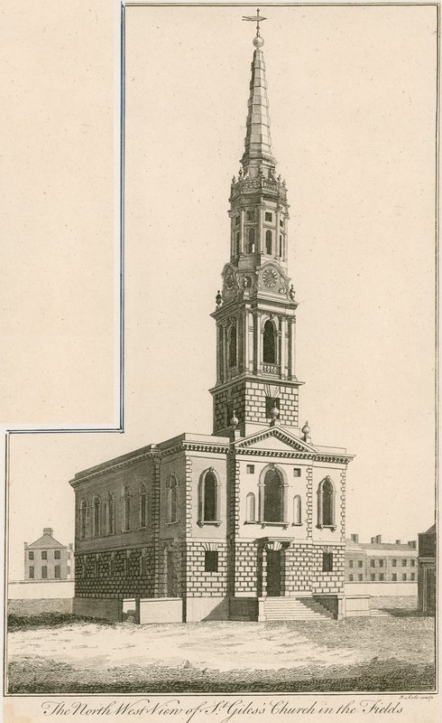 Vista noroeste de la Iglesia de St Giles en el Campo, Londres de English School
