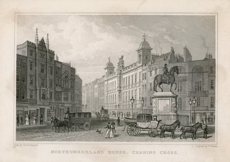 Northumberland House, Charing Cross. Oficina de Lotería de Bish, No 9 Charing Cross, está al lado del Golden Cross Hotel de English School