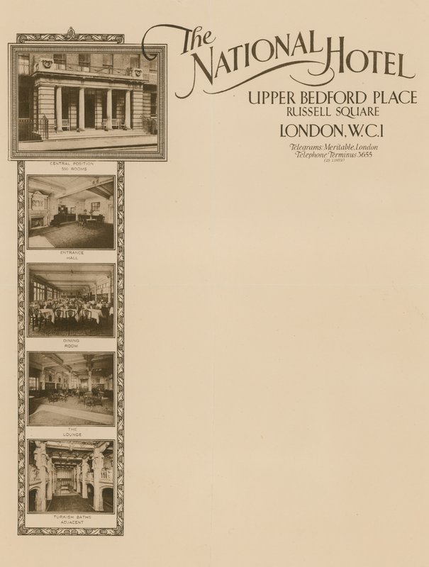 Papel con membrete del The National Hotel, Upper Bedford Place, Russell Square de English School