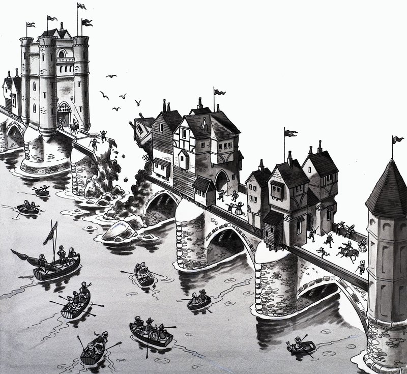 Ilustración de la rima infantil: El puente de Londres se está cayendo de English School