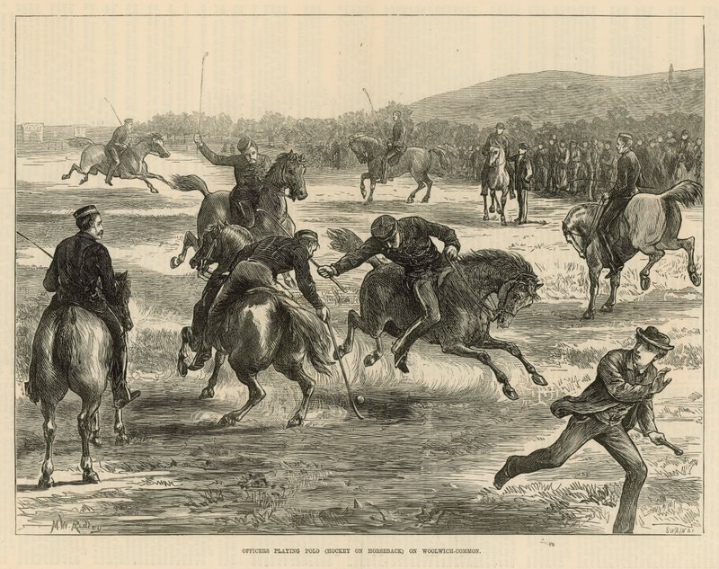 Oficiales jugando polo (hockey a caballo) en Woolwich Common de English School
