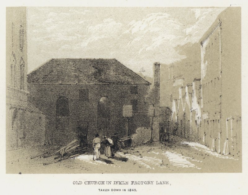 Iglesia antigua en Inkle Factory Lane, demolida en 1845 de English School