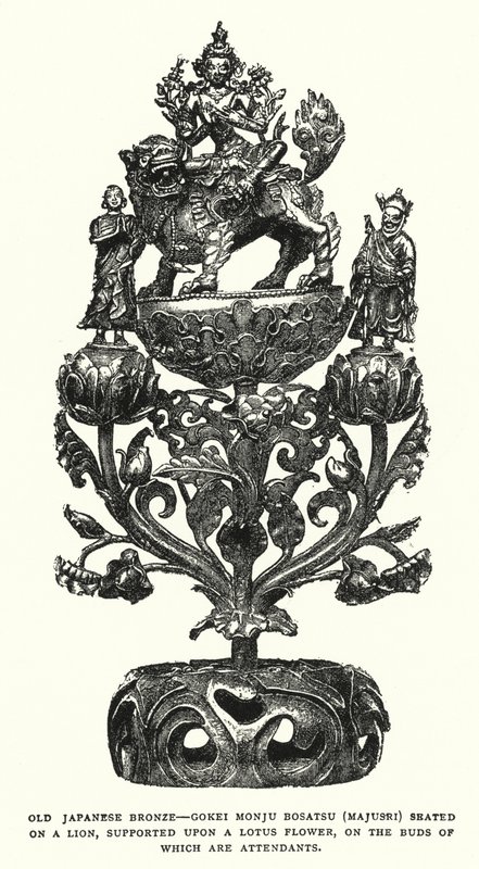 Antiguo bronce japonés, Gokei Monju Bosatsu (Majusri) sentado en un león, sostenido sobre una flor de loto, en cuyos brotes hay asistentes de English School