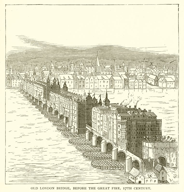 El Puente Viejo de Londres, antes del Gran Incendio, siglo XVII de English School