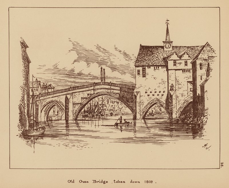 Old Ouse Bridge, derribado en 1809 (litografía) de English School