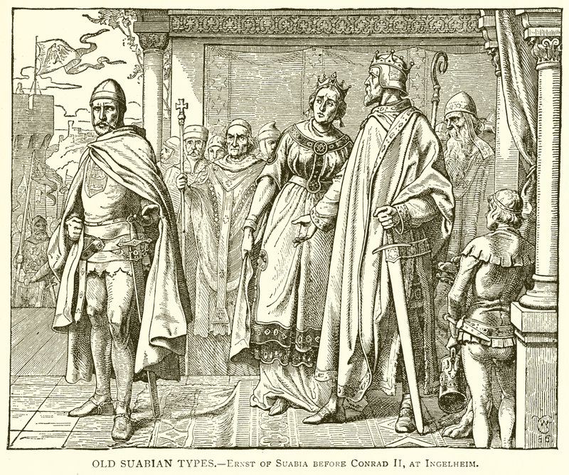 Tipos suabos antiguos.--Ernst de Suabia ante Conrado II, en Ingelheim de English School