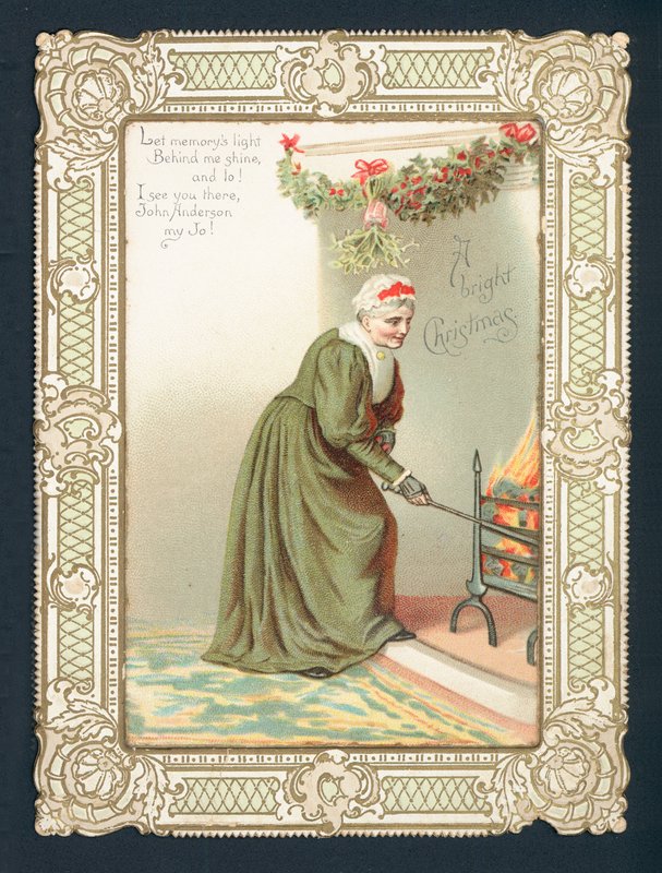 Anciana avivando el fuego, tarjeta de Navidad de English School