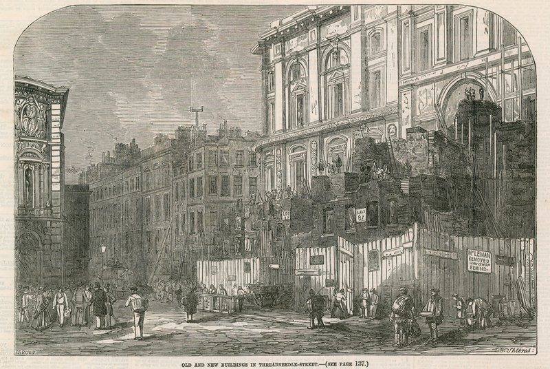Edificios antiguos y nuevos en Threadneedle Street, Londres de English School
