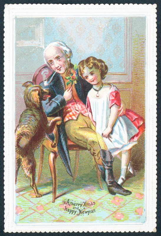 Anciano sentado en silla con niña y perro de English School