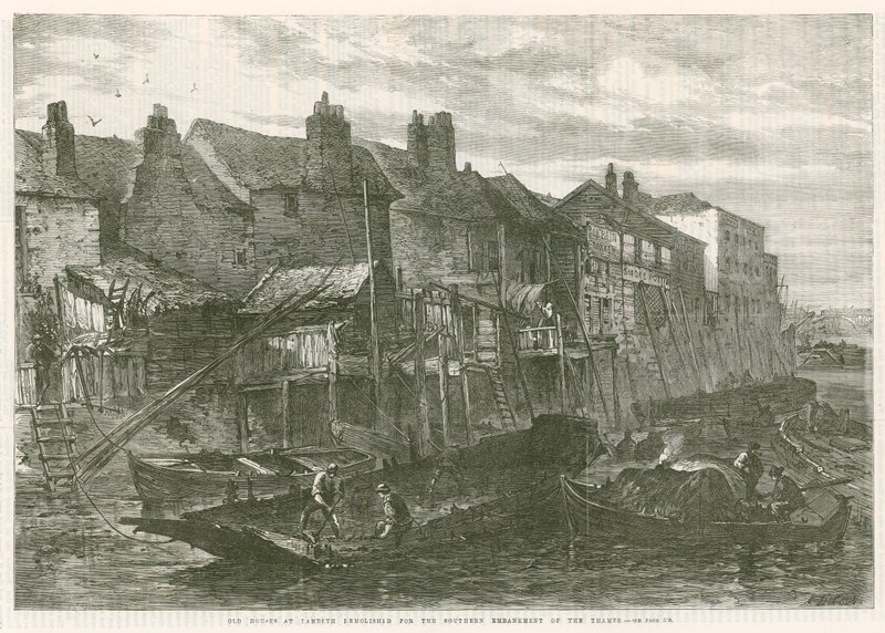 Casas antiguas en Lambeth demolidas para el terraplén sur del río Támesis de English School