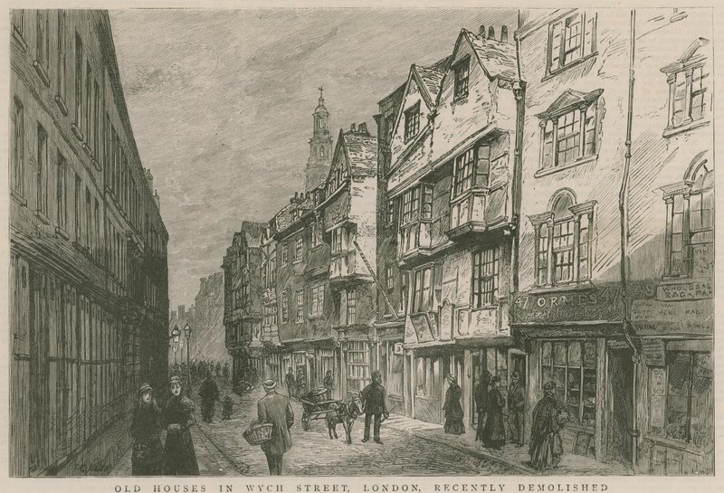 Casas antiguas en Wych Street, Londres, recientemente demolidas de English School