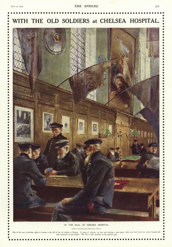 Viejos soldados en el salón del Hospital de Chelsea, Londres de English School