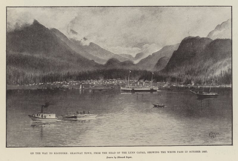 En camino a Klondike, ciudad de Skagway, desde la cabecera del canal Lynn, mostrando el paso White en octubre de 1897 de English School