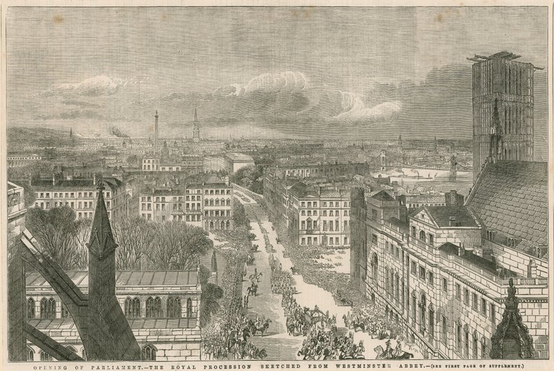 Apertura del Parlamento - la Procesión Real esbozada desde la Abadía de Westminster de English School