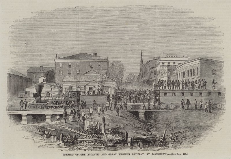Inauguración del ferrocarril Atlantic and Great Western Railway, en Jamestown (grabado) de English School