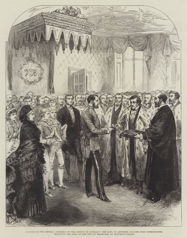 Apertura de la Asamblea General de la Iglesia de Escocia, el Conde de Aberdeen, como Lord Alto Comisionado, recibiendo las llaves de la ciudad de Edimburgo en el Palacio de Holyrood (grabado) de English School