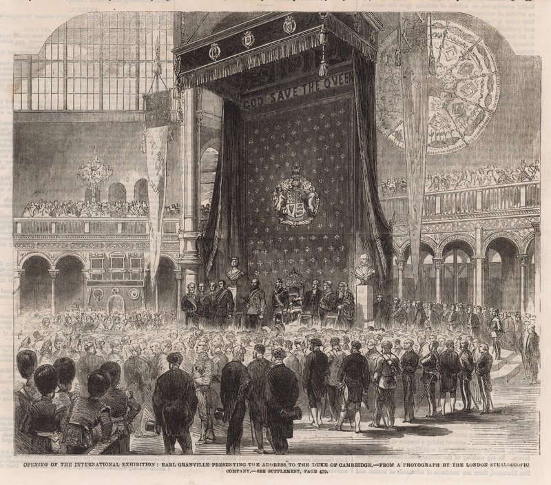 Inauguración de la Exposición Internacional; Earl Granville presentando el discurso al Duque de Cambridge de English School
