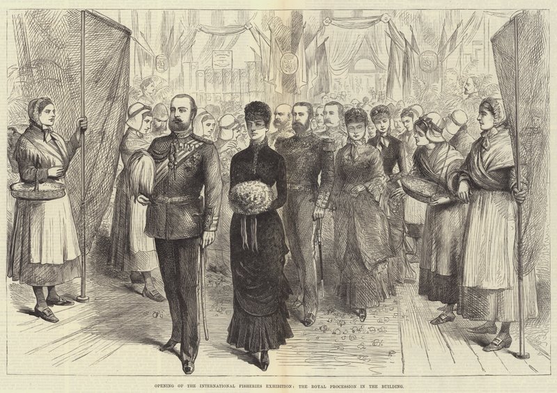 Apertura de la Exposición Internacional de Pesca, la procesión real en el edificio (grabado) de English School