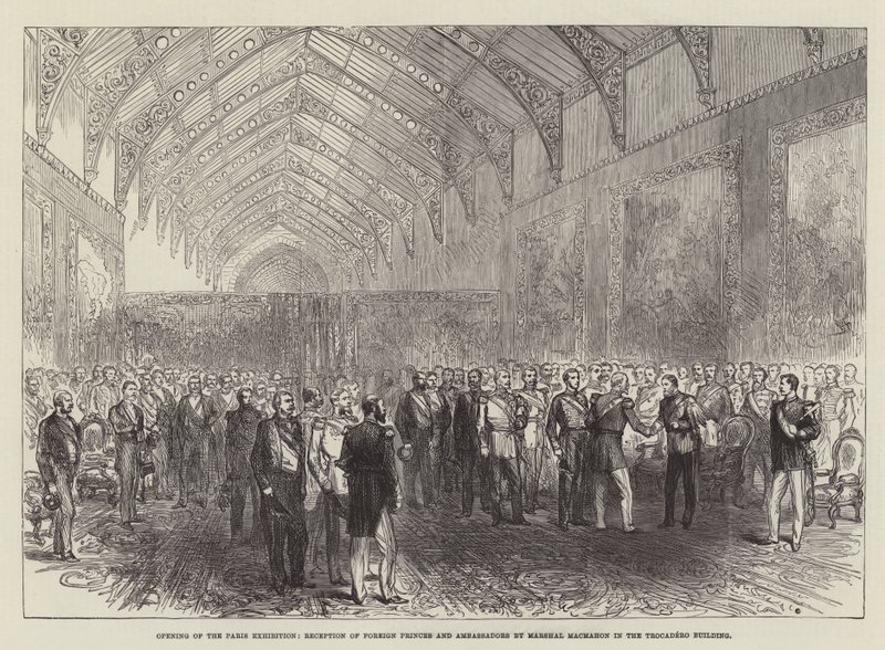 Inauguración de la Exposición de París, recepción de príncipes y embajadores extranjeros por el mariscal Macmahon en el edificio del Trocadero de English School