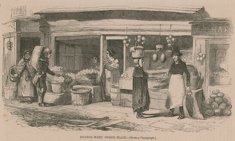 Mercado de naranjas en Dukes Place, Londres de English School