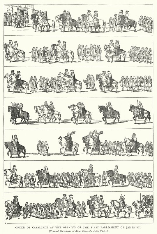 Orden de Cabalgata en la Apertura del Primer Parlamento de James VII (grabado) de English School