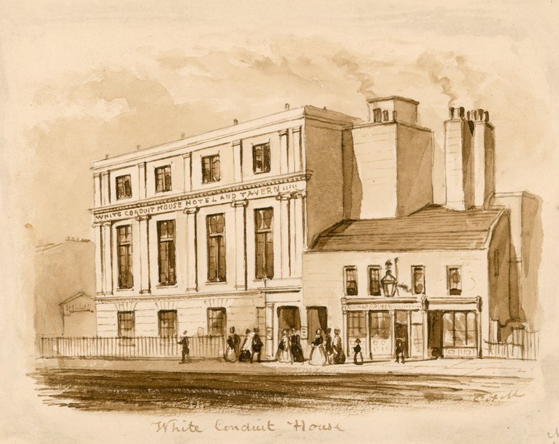 Dibujo original en sepia de la nueva Casa White Conduit, Pentonville, Londres de English School