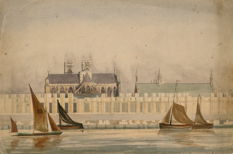 Dibujo original en acuarela de las Casas del Parlamento en construcción alrededor de 1842 de English School