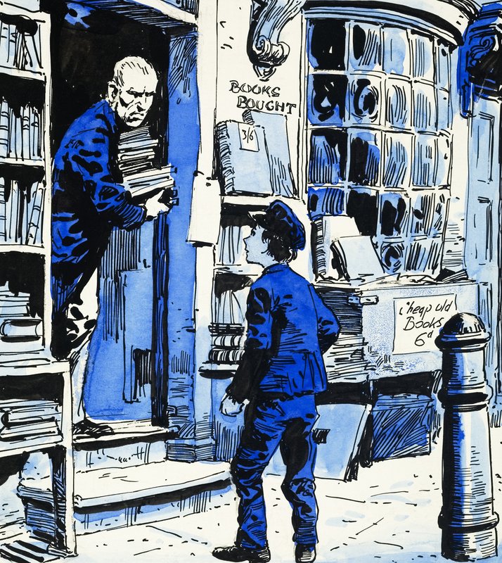 Niño huérfano llegando a trabajar en una librería de English School