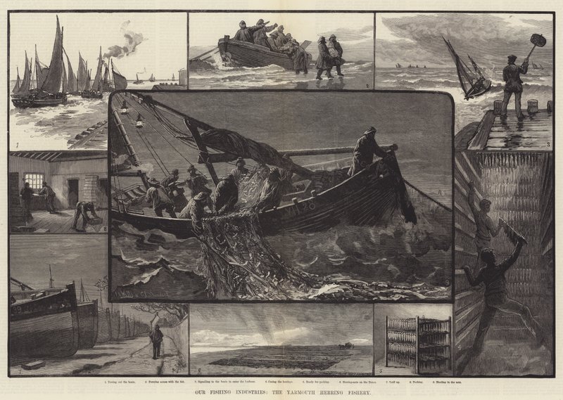 Nuestras industrias pesqueras, la pesca de arenque en Yarmouth (grabado) de English School