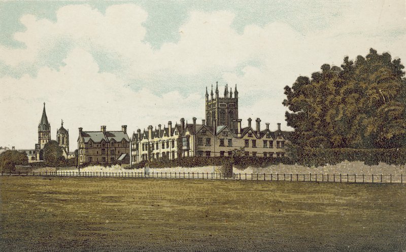 Oxford: Merton College desde los campos (litografía en color) de English School