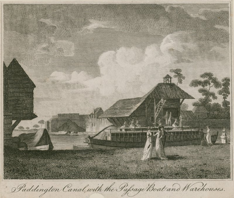 Canal de Paddington, Londres, con el barco de paso y almacenes de English School