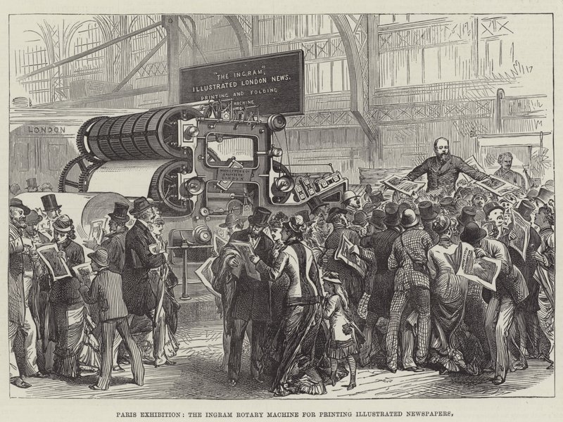 Exposición de París, la máquina rotativa Ingram para imprimir periódicos ilustrados de English School