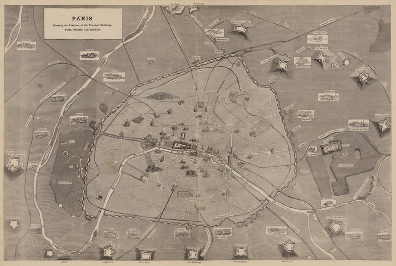 París, mostrando las posiciones de los principales edificios, fuertes, pueblos y ferrocarriles de English School