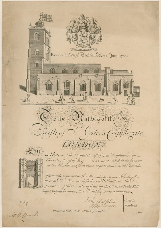Parroquia de San Gil Cripplegate, marcando los límites, invitación, 1860 de English School