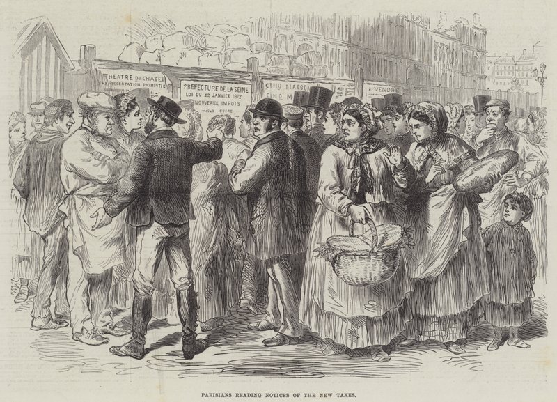 Parisienses leyendo avisos de los nuevos impuestos (grabado) de English School