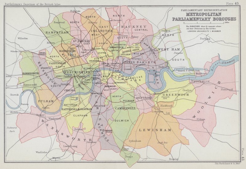 Representación parlamentaria, distritos parlamentarios metropolitanos (litografía en color) de English School