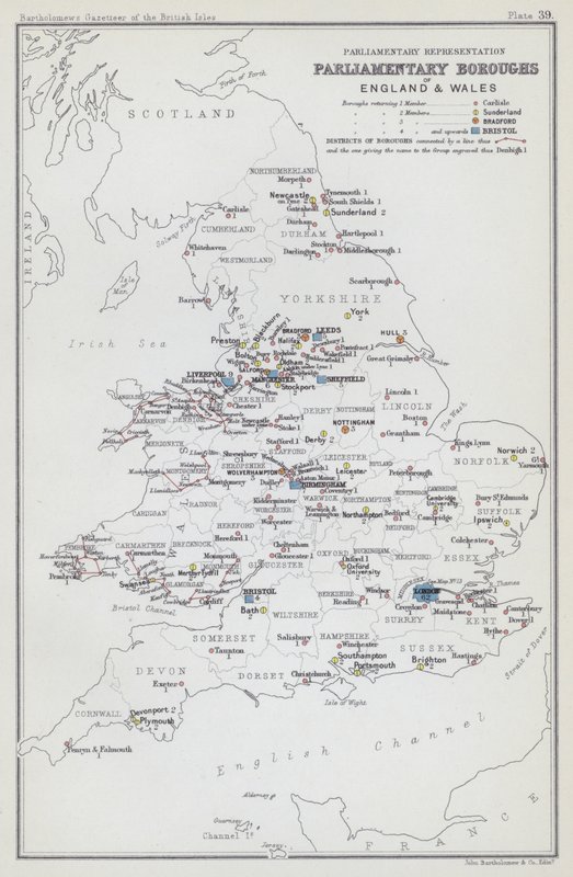 Representación parlamentaria, distritos parlamentarios de Inglaterra y Gales (litografía en color) de English School