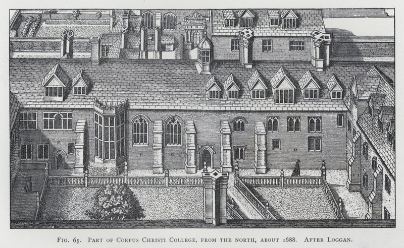 Parte del Corpus Christi College, desde el norte, alrededor de 1688, después de Loggan (grabado) de English School