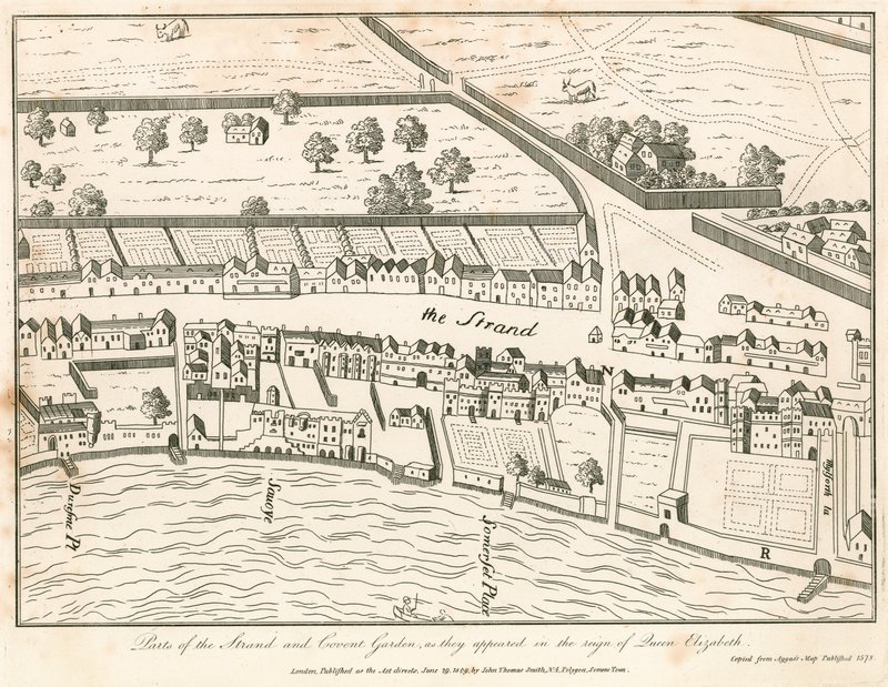 Parte de The Strand y Covent Garden, Londres, como aparecían en el reinado de la Reina Isabel de English School