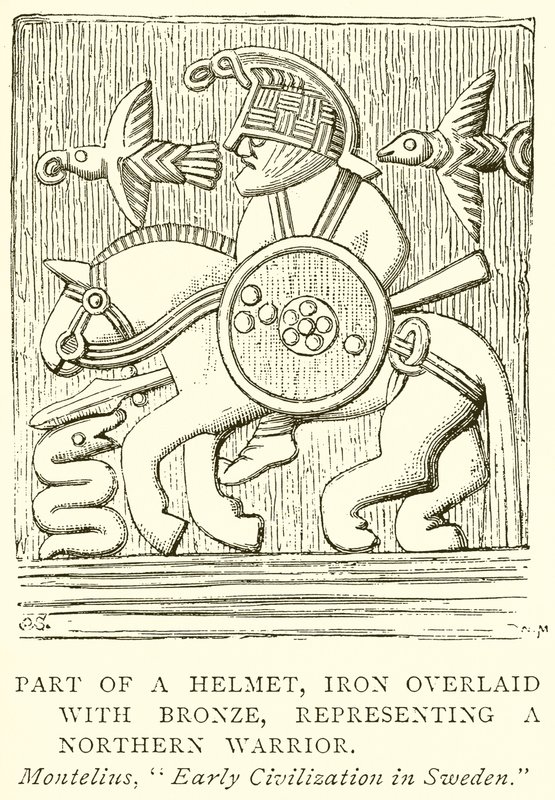 Parte de un casco de hierro recubierto de bronce que representa a un guerrero del Norte (grabado) de English School