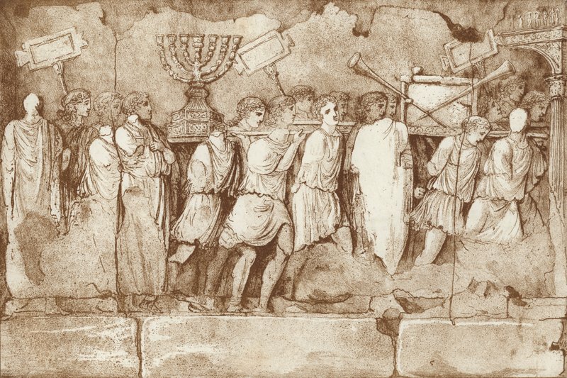Parte de un friso en el Arco de Tito en Roma, mostrando prisioneros judíos llevando artefactos de Jerusalén de English School