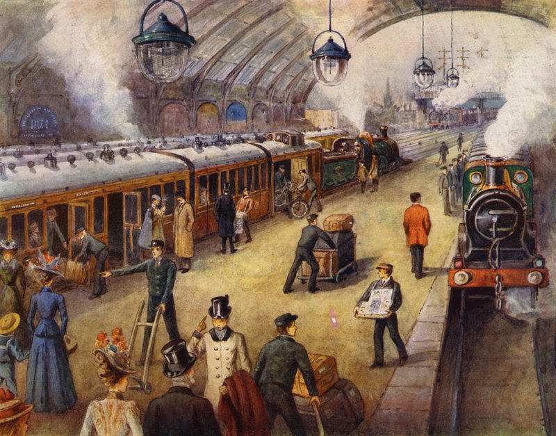 Pasajeros en el andén antes de la salida del tren (litografia en color) de English School