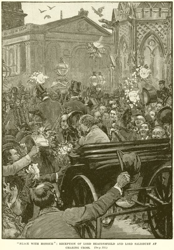 Paz con honor: Recepción de Lord Beaconsfield y Lord Salisbury en Charing Cross de English School