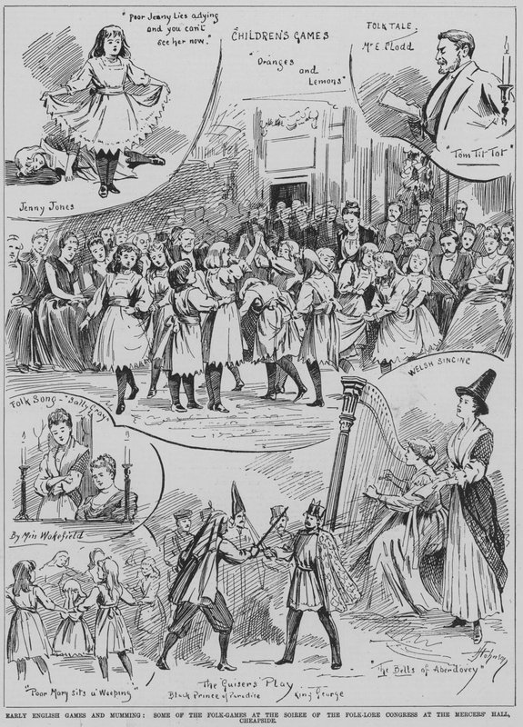 Representación de juegos folclóricos ingleses antiguos y mumming en la velada del Congreso de Folklore, Mercers