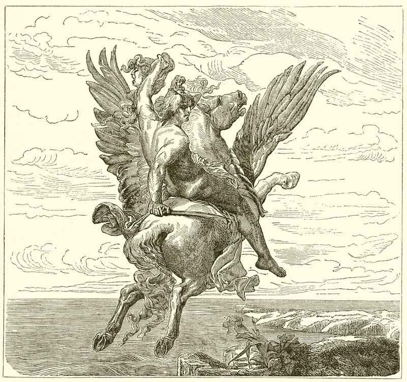 Perseo en el caballo alado Pegaso, con la cabeza de Medusa de English School