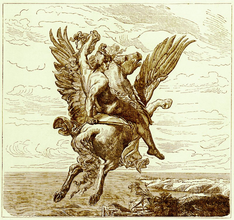 Perseo en el Caballo Alado Pegaso, con la Cabeza de Medusa, ilustración de The Illustrated History of the World, publicado c.1880 de English School